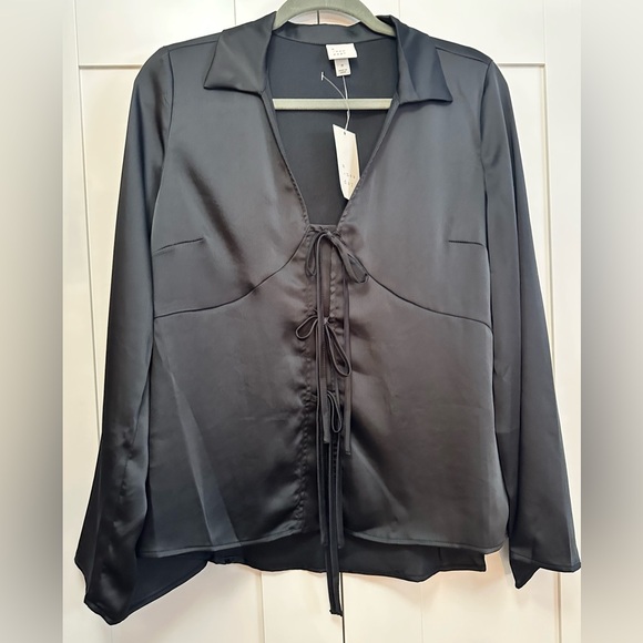 a new day Tops - Black Tie-Front Satin Polyester Blouse With Bell Sleeves Sz SM NEW!